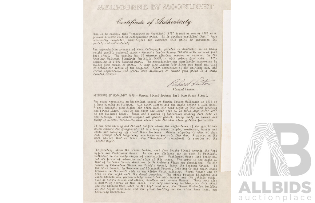 Richard Linton, (20th Century, Australian, 1935-), Melbourne by Moonlight 1875, Limited Edition Lithographic Print with COA, 75 x 103 cm (frame)