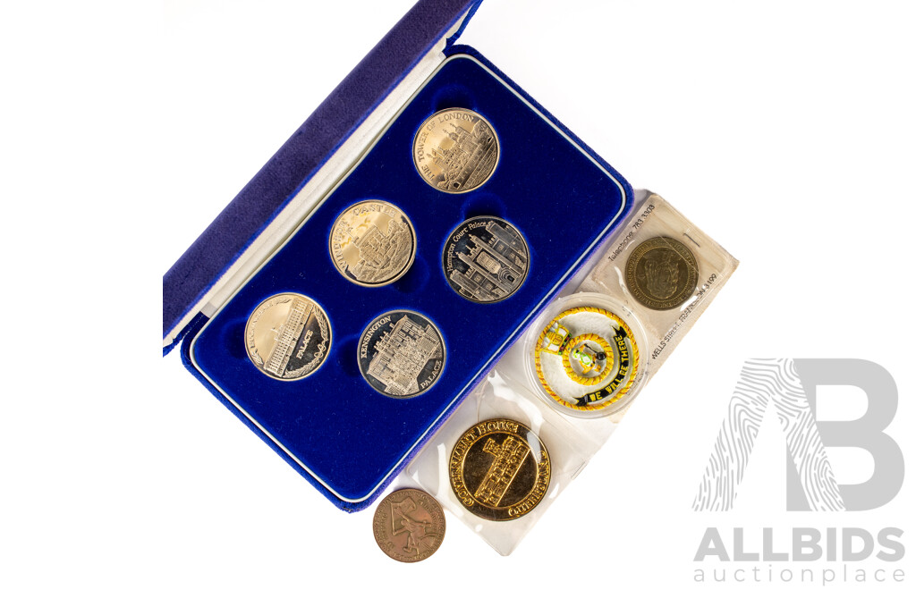 United Kingdom Tower Mint Palaces Medallions Set, Government House 2012 Queens Jubilee Medallion, Lead Medallion Made From Corvette Whyalla Ship Ballast, Armstrong Shoe Mart Medallion