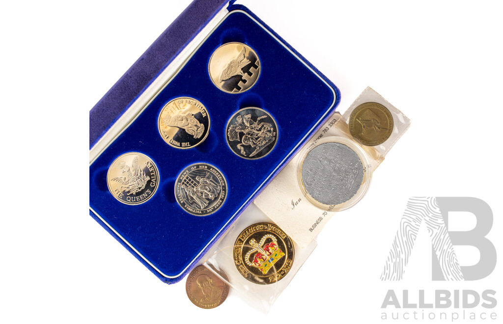 United Kingdom Tower Mint Palaces Medallions Set, Government House 2012 Queens Jubilee Medallion, Lead Medallion Made From Corvette Whyalla Ship Ballast, Armstrong Shoe Mart Medallion