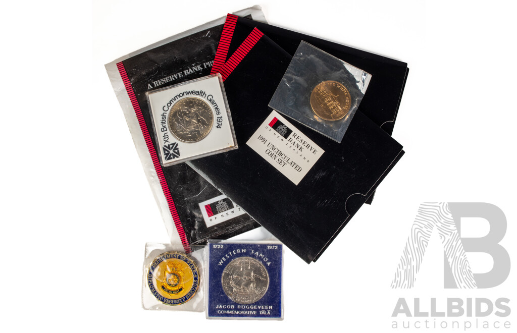 Two New Zealand 1991 UNC Seven Coin Sets, 1974 One Dollar, Commonwealth Games, Western Samoa 1972 One Tala, Jacob Roggeveen, USA Department of State and White House Medallions