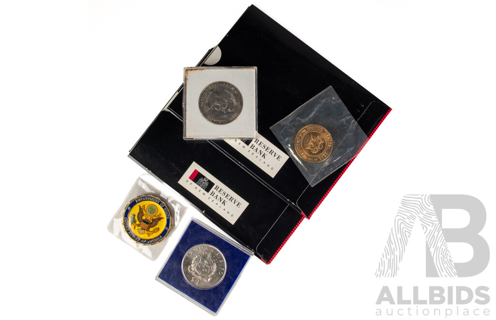 Two New Zealand 1991 UNC Seven Coin Sets, 1974 One Dollar, Commonwealth Games, Western Samoa 1972 One Tala, Jacob Roggeveen, USA Department of State and White House Medallions