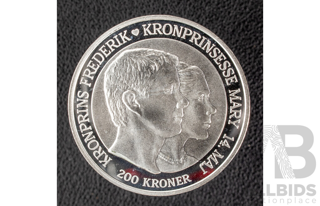 Denmark 2004 Silver Two Hundred Kroner Coin, Wedding of Crown Prince .999