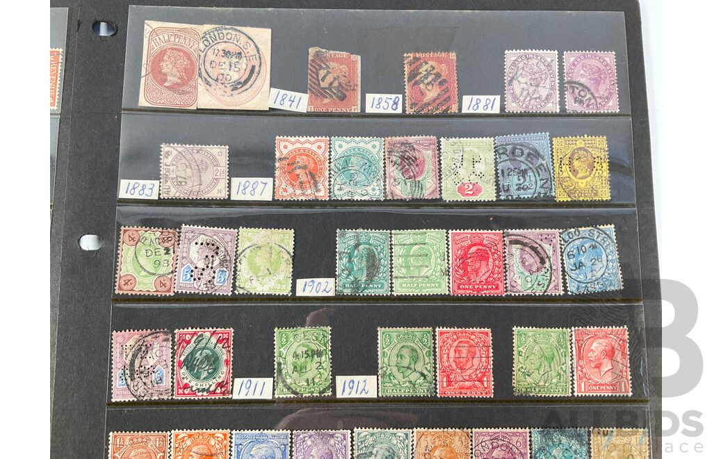 Collection of Great Britain Stamps Including 1841/1858 Penny Reds, QV, KGV, KEVIII, KGVI, QE2, Perforates