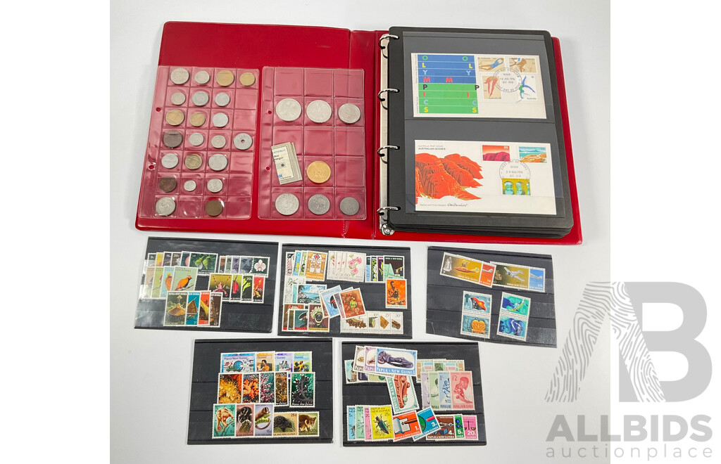 Collection of Papua New Guinea 1960's/70's Mint Stamp Sets, Album of Australian First Day Covers Spanning 1976 to 1979 and Collection of Vintage European Coins