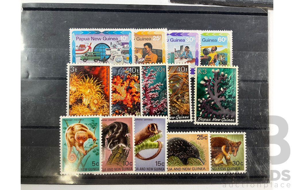 Collection of Papua New Guinea 1960's/70's Mint Stamp Sets, Album of Australian First Day Covers Spanning 1976 to 1979 and Collection of Vintage European Coins