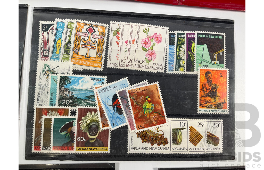 Collection of Papua New Guinea 1960's/70's Mint Stamp Sets, Album of Australian First Day Covers Spanning 1976 to 1979 and Collection of Vintage European Coins