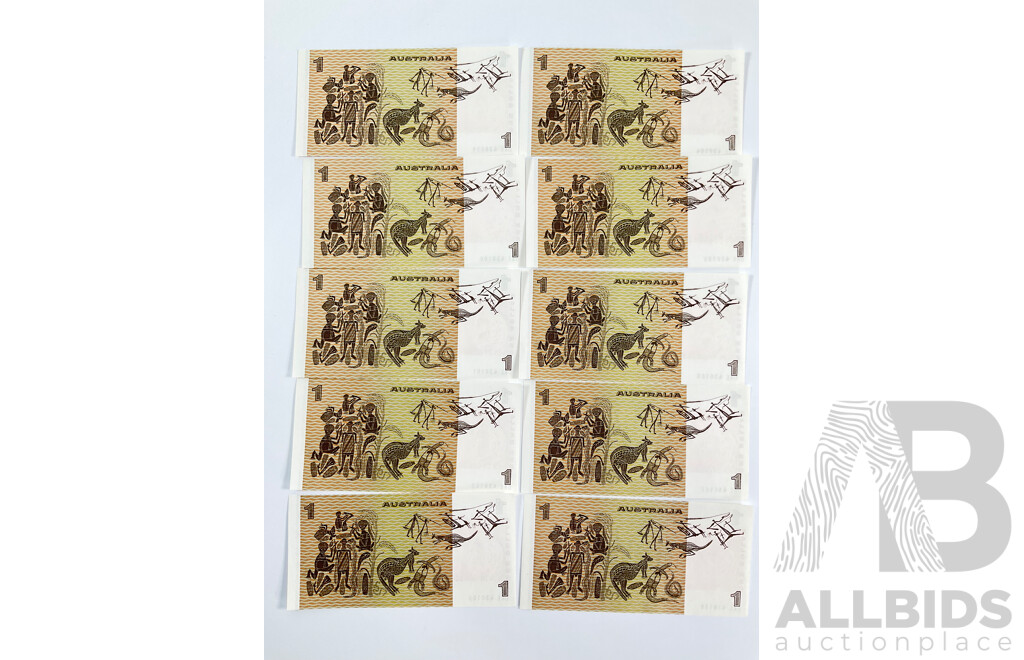 Ten Australian 1982 One Dollar Notes, Johnston/Stone, Consecutive DKE 430099 - DKE 430108