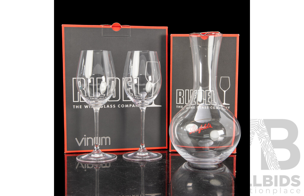 Set Two German Made Riedel Crystal Vinum Sauvignon Blanc Glasses and Riedel Syrah Decanter, All in Original Boxes