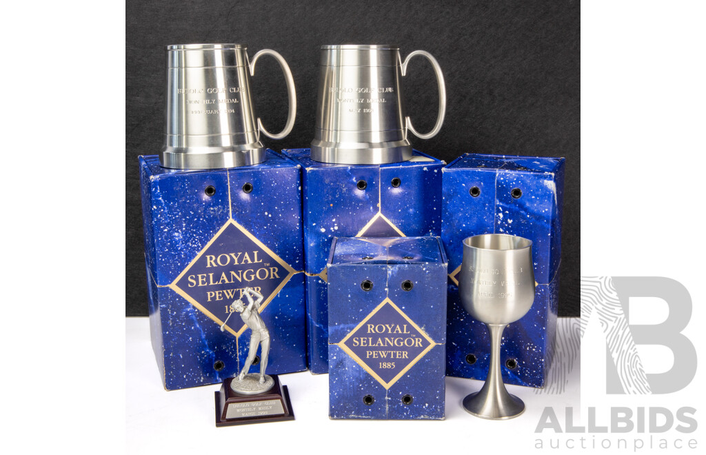 Four Boxed Royal Selangor Pewter Peices Awarded for Golfing Including Chalice, Mugs and Driving Figure