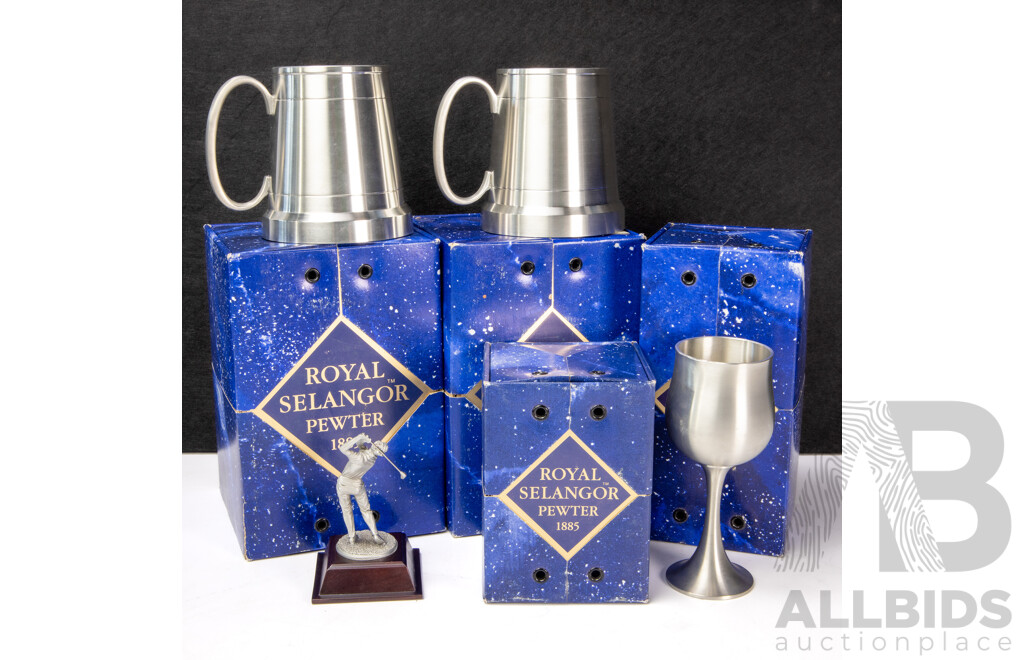 Four Boxed Royal Selangor Pewter Peices Awarded for Golfing Including Chalice, Mugs and Driving Figure