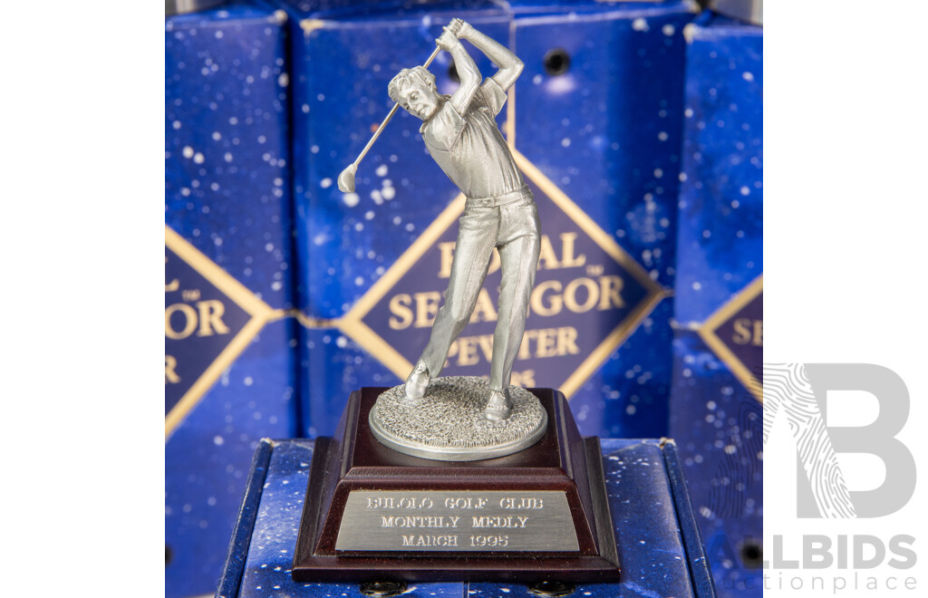 Four Boxed Royal Selangor Pewter Peices Awarded for Golfing Including Chalice, Mugs and Driving Figure