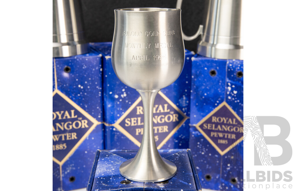 Four Boxed Royal Selangor Pewter Peices Awarded for Golfing Including Chalice, Mugs and Driving Figure