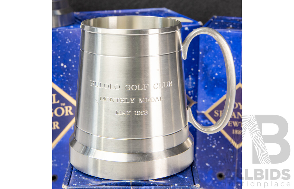 Four Boxed Royal Selangor Pewter Peices Awarded for Golfing Including Chalice, Mugs and Driving Figure