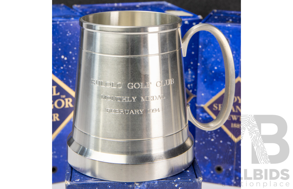 Four Boxed Royal Selangor Pewter Peices Awarded for Golfing Including Chalice, Mugs and Driving Figure