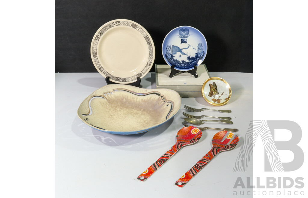 Collection of Dining Ware Including Porcelain Royal Copenhagen Denmark and Bendigo Pottery Plates, Ceramic Bowl, Cutlery and Indigenous Salad Servers