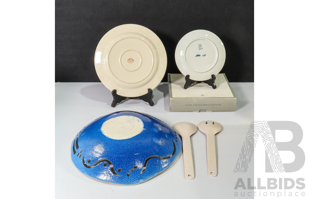 Collection of Dining Ware Including Porcelain Royal Copenhagen Denmark and Bendigo Pottery Plates, Ceramic Bowl, Cutlery and Indigenous Salad Servers