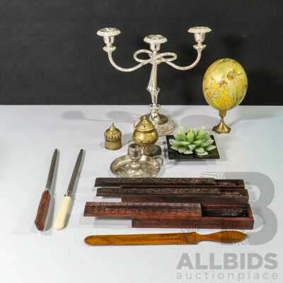 Candle Holder Plant Candle, Vintage Sharpening Steel Honing Rod, Chinese, Chopstick Holder, Letter Opener and Decorative Egg