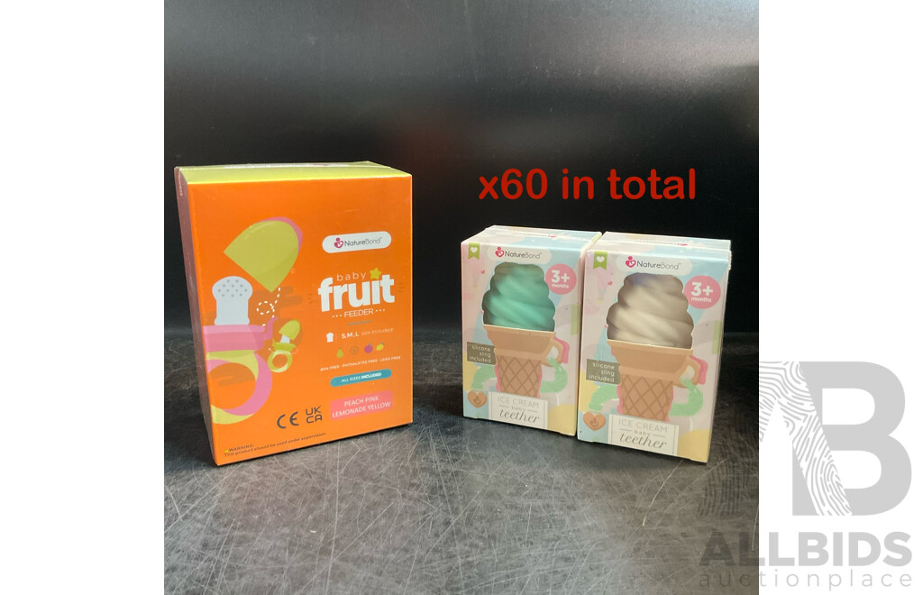 NatureBond Baby Food Feeder/Fruit Feeder Pacifier & Silicone Baby Teether (Green, Vanilla, Chocolate) - Lot of 60 - Estimated Total RRP $1,167