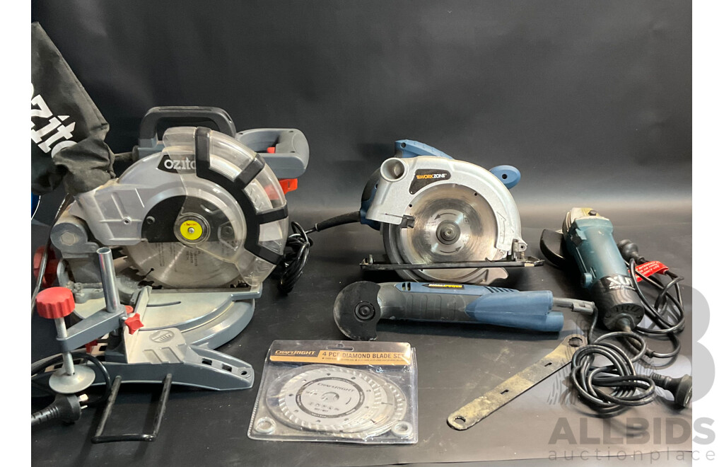Assorted Tools - XU1 100mm Angle Grinder / Direct Power DP22MT1 / Workzone Circular Saw 1200W / OZITO CMS-1621 Mitre Saw and More