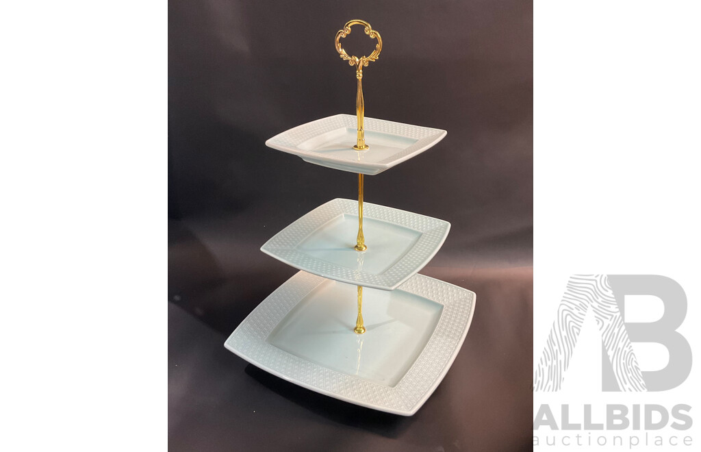 Square 3 Tiered Cake Stand for Birthday, Wedding, Party, High Tea or Other Occasion (White & Blue Set) with 2 Different Stand Racks