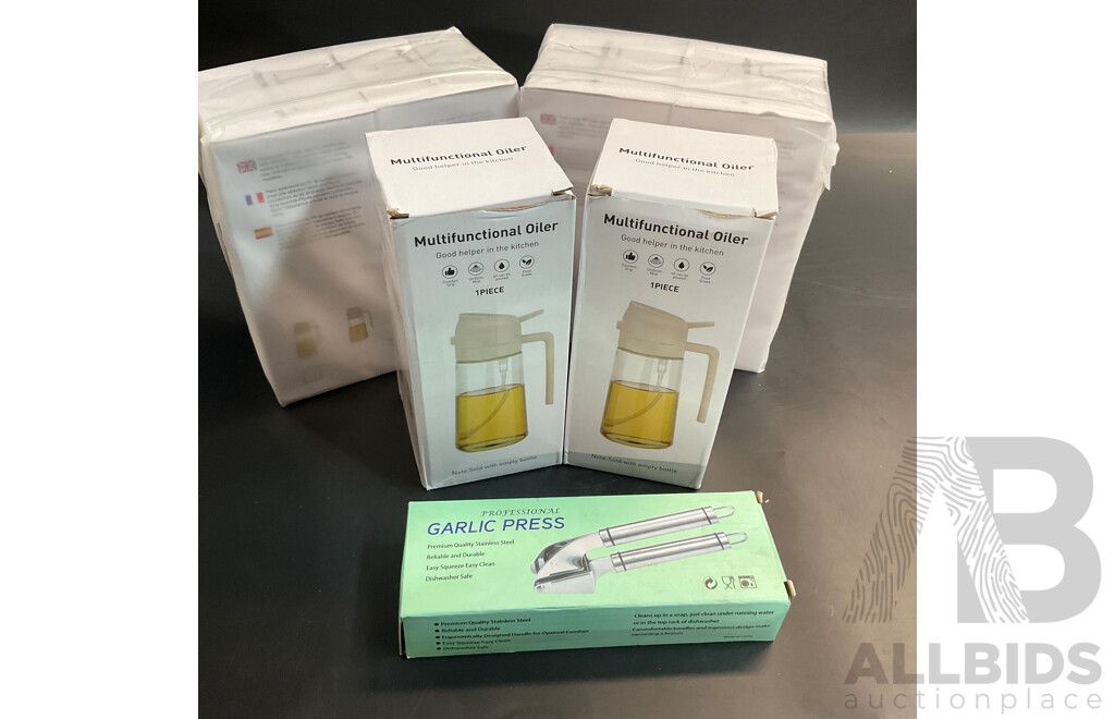 Six of Multifunctional Oiler 470ML for Kitchen, Cooking, BBQ, Air Fryer, Salad, Frying, Baking & 1x Garlic Press