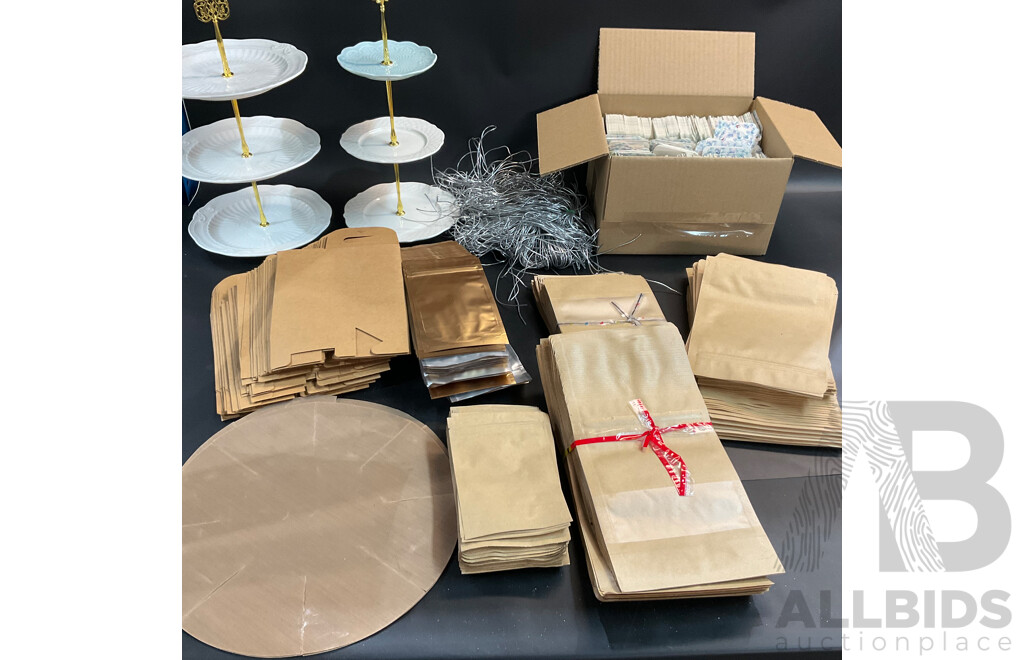 2x Cake Stand with Assorted Cookies/ Snacks Packaging , Thanks Tag and Cake Base