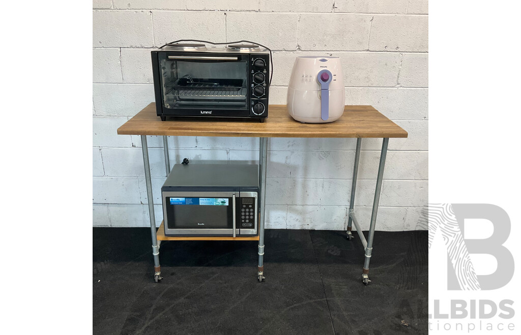Custom Work Bench with Lumina 34L Rotisserie Oven & Breville BM0300 Microwave & Philips HD9220 Airfryer