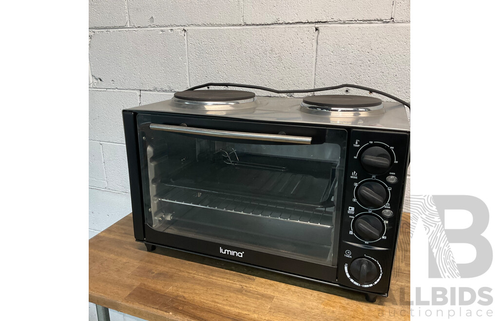 Custom Work Bench with Lumina 34L Rotisserie Oven & Breville BM0300 Microwave & Philips HD9220 Airfryer &Westinghouse 140 Fridge