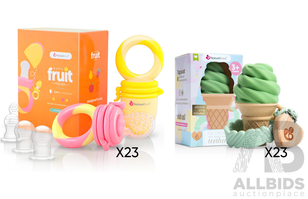 NatureBond Baby Food Feeder/Fruit Feeder Pacifier ( Pink Peach) & Silicone Baby Teether  (Green, Vanilla, Chocolate)  - Lot of 46  - Estimated Total RRP $895