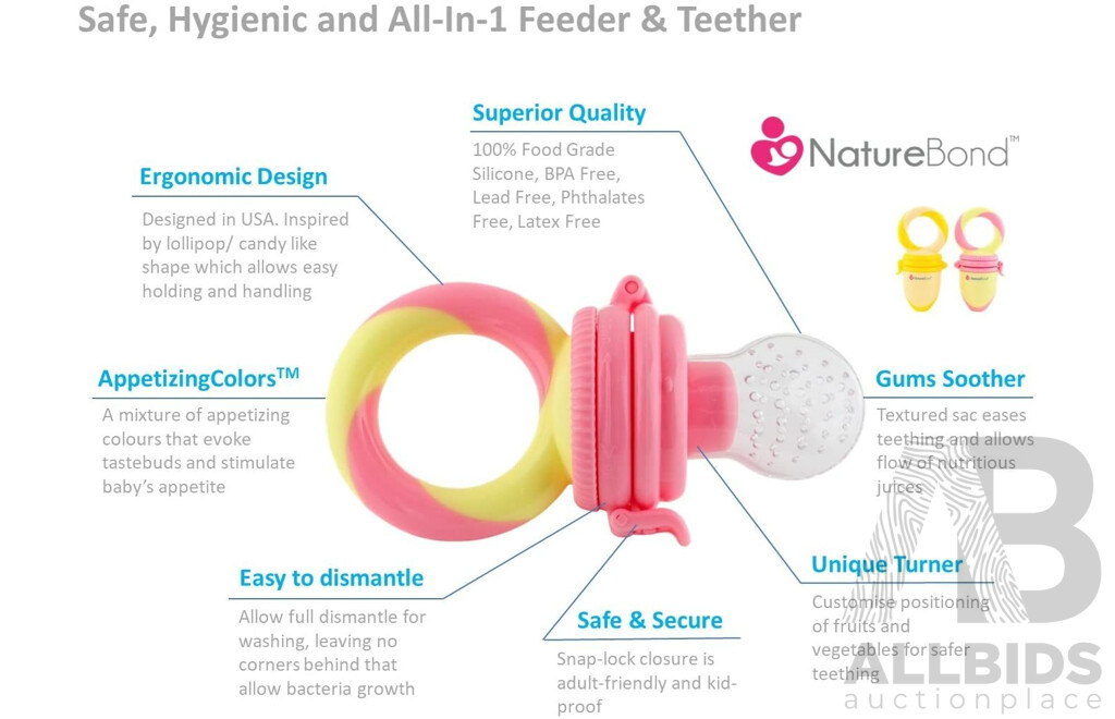 NatureBond Baby Food Feeder/Fruit Feeder Pacifier (Peach Pink) - Lot of 72 - Estimated Total ORP $1,584.00