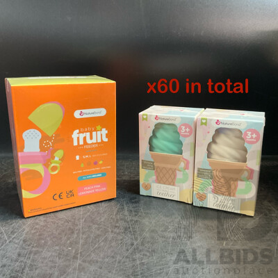 NatureBond Baby Food Feeder/Fruit Feeder Pacifier & Silicone Baby Teether (Green, Vanilla, Chocolate) - Lot of 60  - Estimated Total RRP $1,167