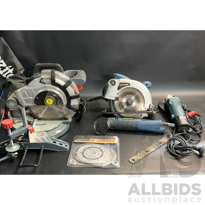 Assorted Tools - XU1 100mm Angle Grinder / Direct Power DP22MT1 / Workzone Circular Saw 1200W / OZITO CMS-1621 Mitre Saw and More