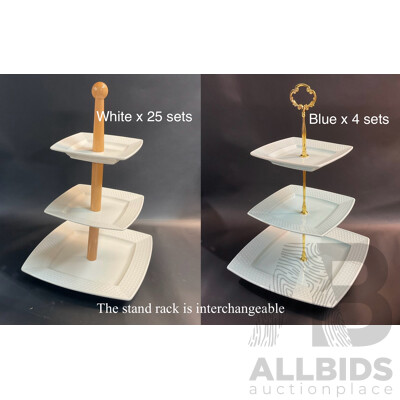 Square 3 Tiered Cake Stand for Birthday, Wedding, Party, High Tea or Other Occasion (White & Blue Set) with 2 Different Stand Racks