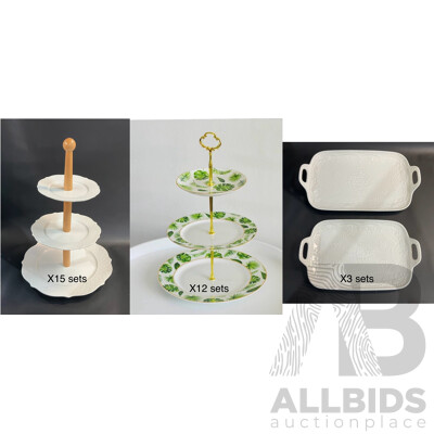 Tropical Leaf & White 3 Tier Cake Stand for Birthday, Wedding, Party, High Tea or Other Occasion with 2 Different Stand Racks with 3 Sets of Serving Plates