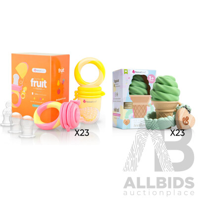 NatureBond Baby Food Feeder/Fruit Feeder Pacifier ( Pink Peach) & Silicone Baby Teether  (Green, Vanilla, Chocolate)  - Lot of 46  - Estimated Total RRP $895