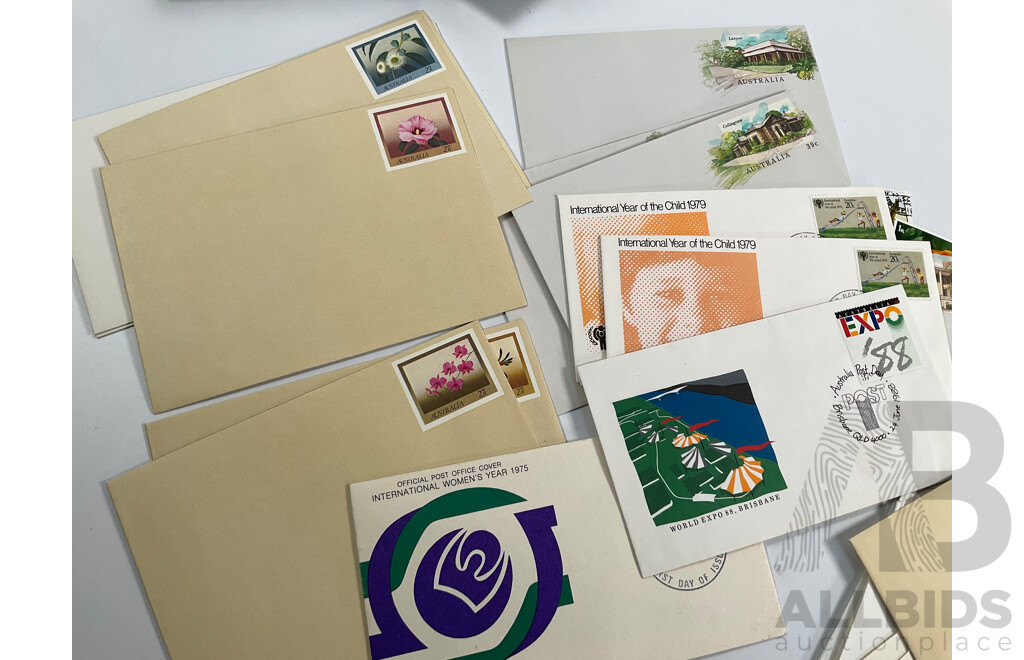 Collection of Australian Mostly Mint Stamps, Strips and Blocks, First Day Covers and Stamp Packs Including Colonial NSW, QLD, SA, VIC, Sets, ABC 50th Anniversary Sheet