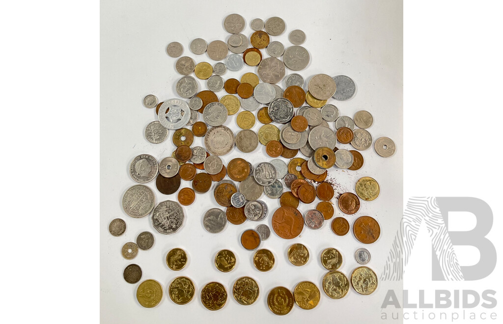 Collection of International Coins Including Silver United Kingdom Half Crown, Italy 1863 Fifty Cents, Australian Two Dollar Coins(5) One Dollar Coins(8) PNG, Switzerland, Netherlands and More
