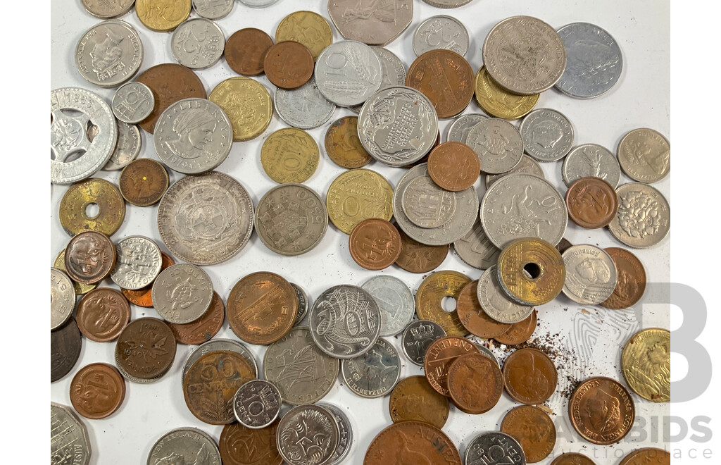 Collection of International Coins Including Silver United Kingdom Half Crown, Italy 1863 Fifty Cents, Australian Two Dollar Coins(5) One Dollar Coins(8) PNG, Switzerland, Netherlands and More