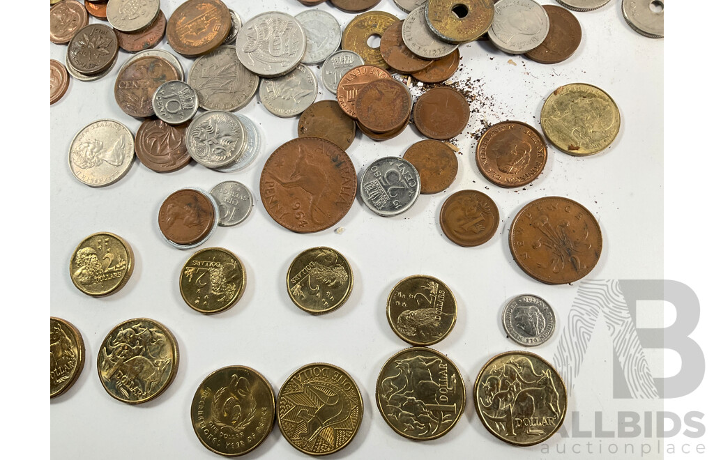 Collection of International Coins Including Silver United Kingdom Half Crown, Italy 1863 Fifty Cents, Australian Two Dollar Coins(5) One Dollar Coins(8) PNG, Switzerland, Netherlands and More