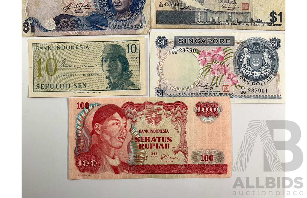 Collection of Vintage Banknotes Including Netherland Indies 1943 Fifty Cents and One Gulden, Noumea, Singapore, Malaysia, Indonesia