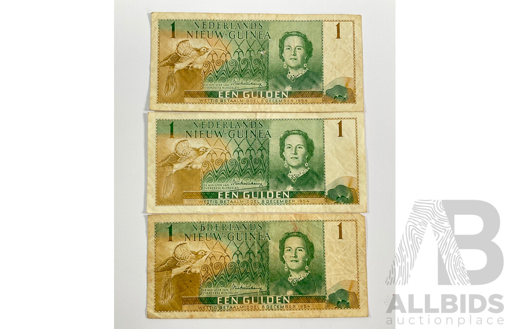 Three Dutch New Guinea 1954 One Gulden Bank Notes