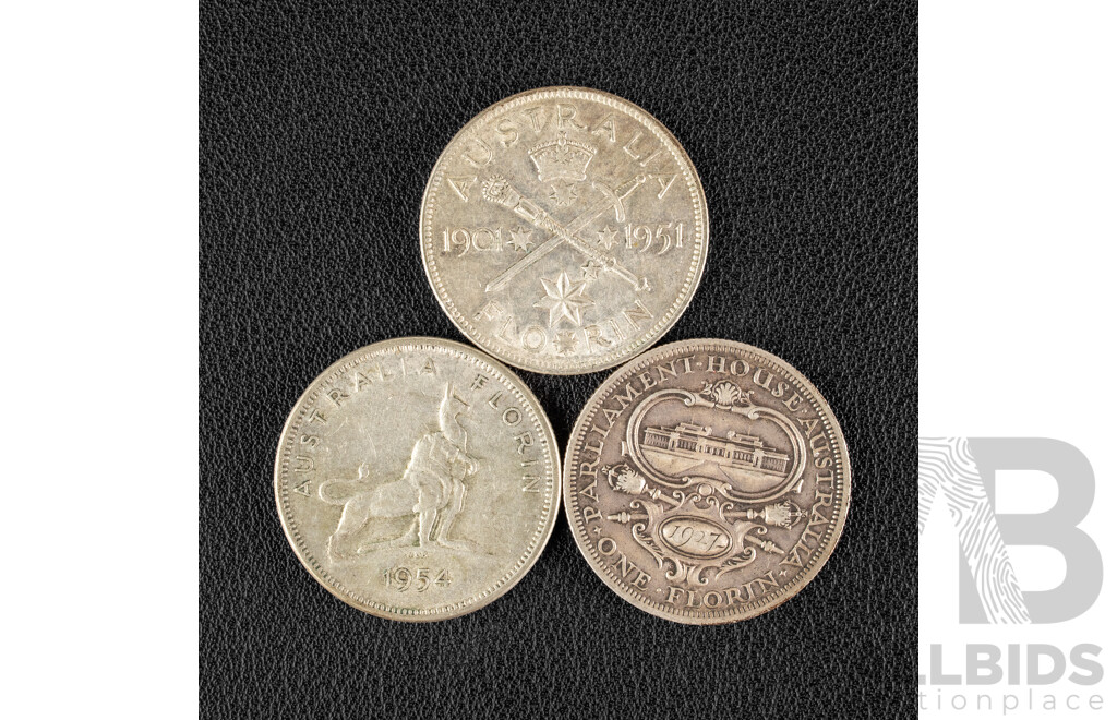 Three Australian Silver Commemorative Florins Including 1927 Parliament House, 1951 Federation, 1954 Royal Visit