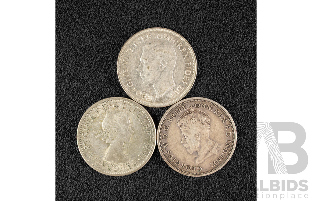 Three Australian Silver Commemorative Florins Including 1927 Parliament House, 1951 Federation, 1954 Royal Visit