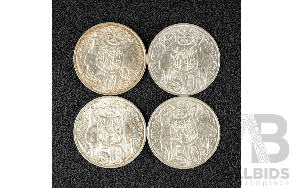 Four Australian 1966 Round Silver Fifty Cent Coins .800