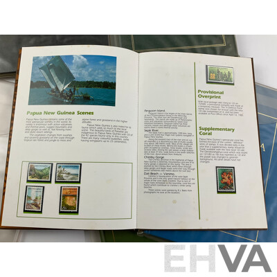 Two Australian Annual Stamp Albums 1984 and 1985 - Face Value $49 with Three Papua New Guinea Albums 1985, 1986, 1987