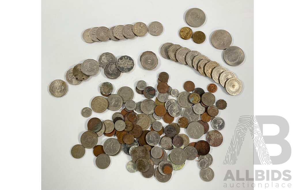 Collection of International Coins Including Australian Commemorative Fifty and Twenty Cents, Great Britain Commemorative Crowns, Hong Kong, Samoa, New Zealand, India and More- Approximately One Kilogram