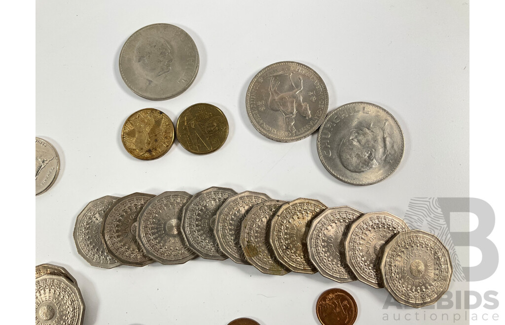 Collection of International Coins Including Australian Commemorative Fifty and Twenty Cents, Great Britain Commemorative Crowns, Hong Kong, Samoa, New Zealand, India and More- Approximately One Kilogram