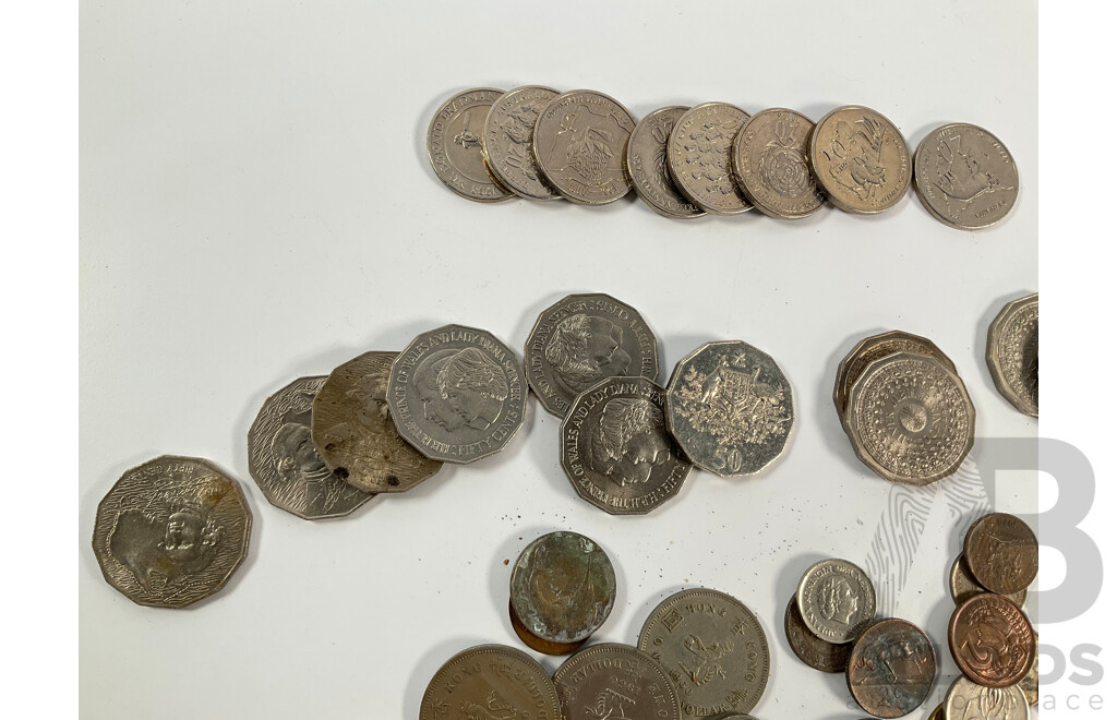 Collection of International Coins Including Australian Commemorative Fifty and Twenty Cents, Great Britain Commemorative Crowns, Hong Kong, Samoa, New Zealand, India and More- Approximately One Kilogram