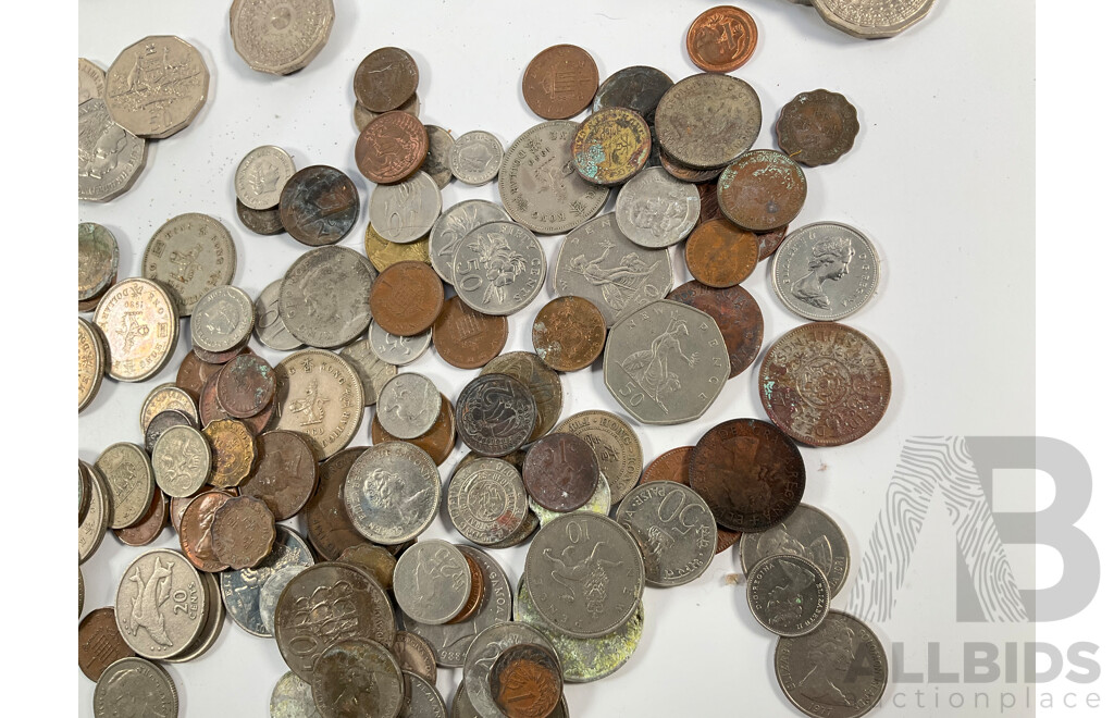 Collection of International Coins Including Australian Commemorative Fifty and Twenty Cents, Great Britain Commemorative Crowns, Hong Kong, Samoa, New Zealand, India and More- Approximately One Kilogram