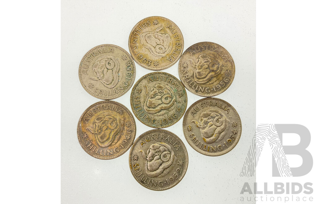 Seven Australian Silver Shillings Including 1946, 1952, 1954, 1956(3) 1963  .500